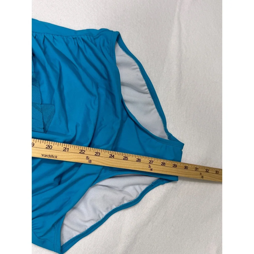 Bal Harbour Swim One‎ Piece Women 14 Teal Blue Ruffle Tropical Palm Leaf NEW